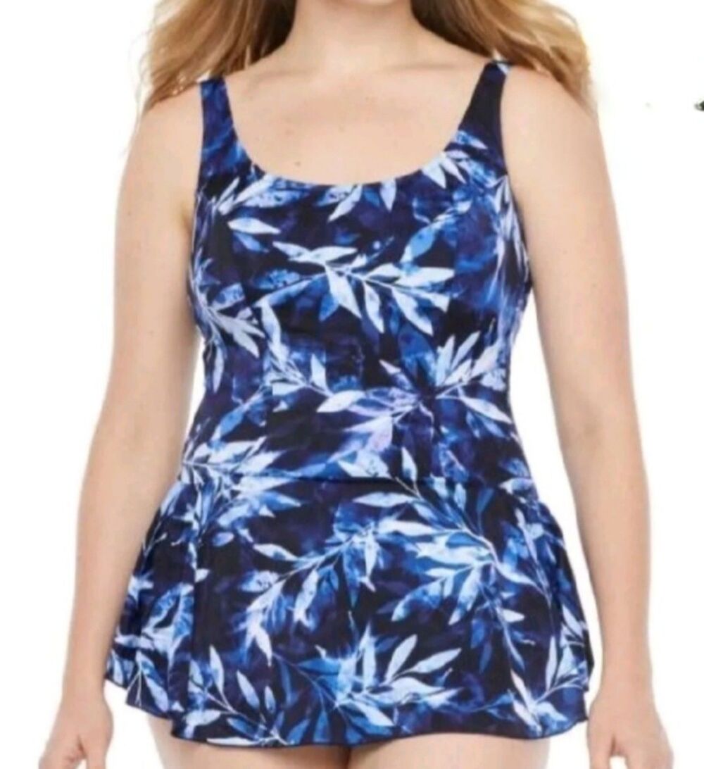 Rose Marie Reid NWOT Tropical Blue/White One Piece Swimsuit Swim Dress Size 12